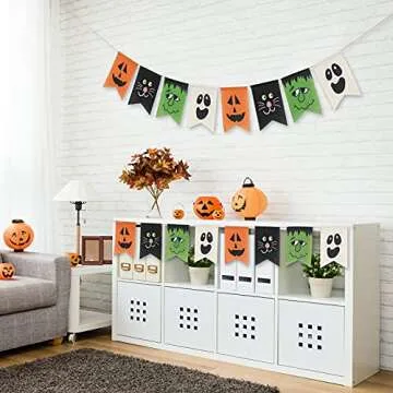 Whaline Halloween Burlap Banner Pumpkin Cat Monster Ghost Face Bunting Garland No DIY Required Cartoon Halloween Party Hanging Decoration Supplies for Home Office Fireplace Mantel Wall