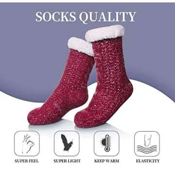 SDBING Women's Fuzzy Slipper Socks Soft Fluffy with Grippers Socks Winter Warm Non Slip Fleece Lined Socks (Wine Red)