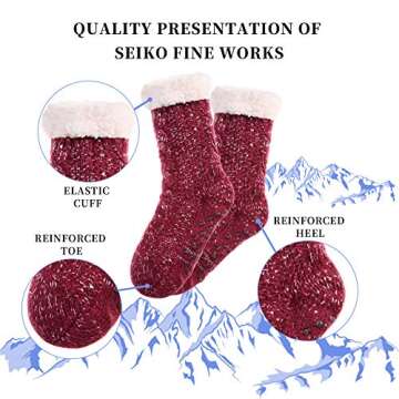 SDBING Women's Fuzzy Slipper Socks Soft Fluffy with Grippers Socks Winter Warm Non Slip Fleece Lined Socks (Wine Red)
