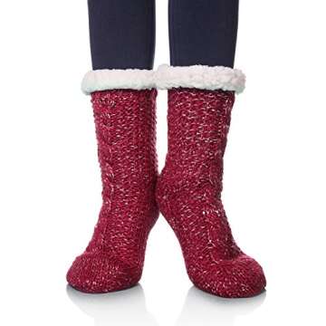 SDBING Women's Fuzzy Slipper Socks Soft Fluffy with Grippers Socks Winter Warm Non Slip Fleece Lined Socks (Wine Red)