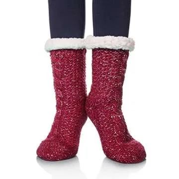 SDBING Women's Fuzzy Slipper Socks Soft Fluffy with Grippers Socks Winter Warm Non Slip Fleece Lined Socks (Wine Red)