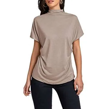 LYANER Women's Casual Mock Neck Ruffle Short Sleeve Summer Blouse Shirt Top Khaki Medium