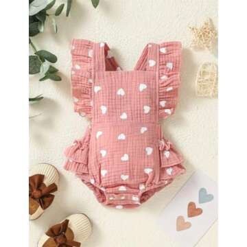 aichilra Baby Girl Love Print Romper Infant Girl One-Piece Bodysuit Short Sleeve Ruffled Summer Clothes Pink 0-6M