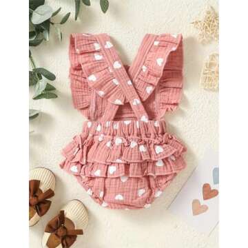 aichilra Baby Girl Love Print Romper Infant Girl One-Piece Bodysuit Short Sleeve Ruffled Summer Clothes Pink 0-6M