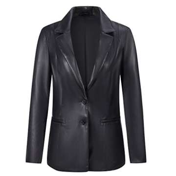 RISISSIDA Women Faux Leather Blazer Jacket Vegan Pleather Coat Black L