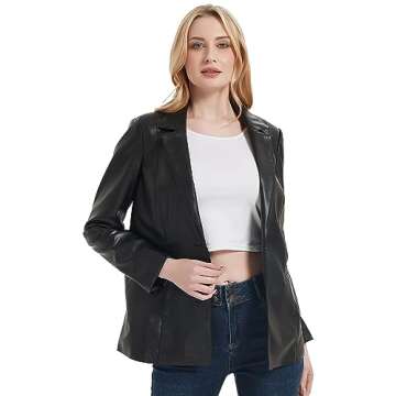 RISISSIDA Women Faux Leather Blazer Jacket Vegan Pleather Coat Black L