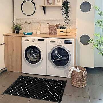 OJIA Boho Bathroom Rug 2 x 3ft, Indoor Accent Rug with Tassel, Machine Washable Cotton Hand-Woven Area Rug Farmhouse Throw Rug Indoor/Outdoor Floor Mat for Kitchen/Living Room/Bedroom/Doorway