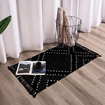 OJIA Boho Bathroom Rug 2 x 3ft, Indoor Accent Rug with Tassel, Machine Washable Cotton Hand-Woven Area Rug Farmhouse Throw Rug Indoor/Outdoor Floor Mat for Kitchen/Living Room/Bedroom/Doorway