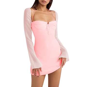 Women Party Club Night Puff Long Sleeve Mesh Club Mini Bodycon Dresses Halter Neck Outfits Pink S