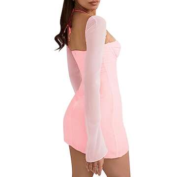 Women Party Club Night Puff Long Sleeve Mesh Club Mini Bodycon Dresses Halter Neck Outfits Pink S