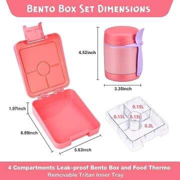 Pawtong Bento Lunch Box Set With 10oz Soup Thermo, Leak-proof Lunch Containers with 4 Compartment, Kids Hot Thermo Food Jar/Insulation Lunch Bag, Food Containers for School（Solid）