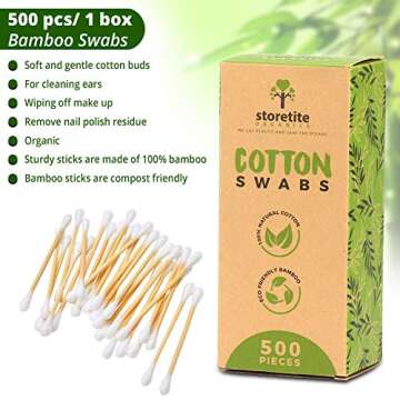 Storetite Organics, Biodegradable Bamboo Cotton Swabs - Buds for Ear Cleaning, Makeup, Pet Care, First Aid, Art & Crafts, Safe & Sustainable Alternative, Paper Packaging 500pcs