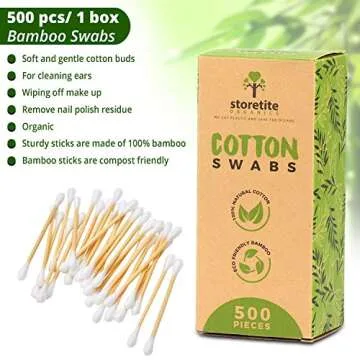 Storetite Organics, Biodegradable Bamboo Cotton Swabs - Buds for Ear Cleaning, Makeup, Pet Care, First Aid, Art & Crafts, Safe & Sustainable Alternative, Paper Packaging 500pcs