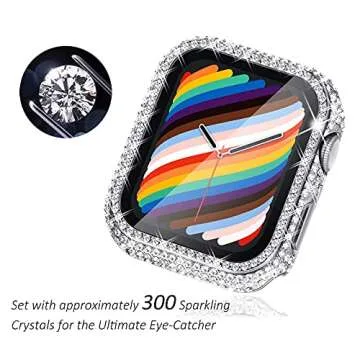 Surace Case with Screen Protector Compatible with Apple Watch Series 6/5/4/3/2/1, Bling 300 Crystal Diamond Tempered Glass Protective Cover for 38mm 40mm 42mm 44mm, Silver