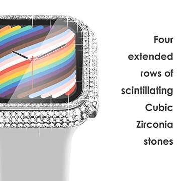 Surace Case with Screen Protector Compatible with Apple Watch Series 6/5/4/3/2/1, Bling 300 Crystal Diamond Tempered Glass Protective Cover for 38mm 40mm 42mm 44mm, Silver