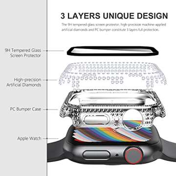 Surace Case with Screen Protector Compatible with Apple Watch Series 6/5/4/3/2/1, Bling 300 Crystal Diamond Tempered Glass Protective Cover for 38mm 40mm 42mm 44mm, Silver