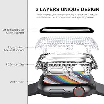 Surace Case with Screen Protector Compatible with Apple Watch Series 6/5/4/3/2/1, Bling 300 Crystal Diamond Tempered Glass Protective Cover for 38mm 40mm 42mm 44mm, Silver