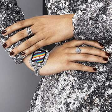 Surace Case with Screen Protector Compatible with Apple Watch Series 6/5/4/3/2/1, Bling 300 Crystal Diamond Tempered Glass Protective Cover for 38mm 40mm 42mm 44mm, Silver