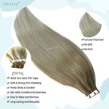 Ombre Hair Extensions Real Human Hair Tape ins Extensions, Ash Blonde to Light Blonde Highligted Tape in Hair Extensions Human Hair for Women,20 Pieces Double Sided Invisible Tape Hair 14Inch