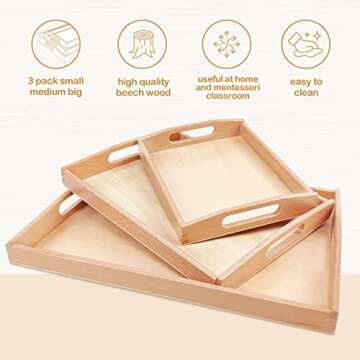 Montessori Wooden Trays with Handles, 3 Pack Small Medium Big Quality Wood Tray for Toddlers and Kid...