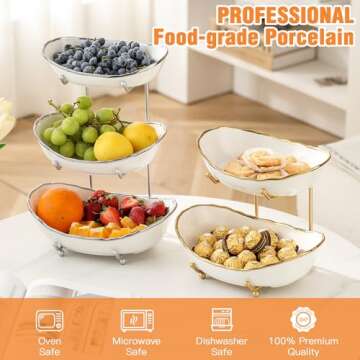 HOMKULA Fruit Bowl for Kitchen Counter - 3 Tier Ceramic Serving Bowls with Metal Stand, Tiered Fruit...