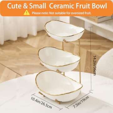 HOMKULA Fruit Bowl for Kitchen Counter - 3 Tier Ceramic Serving Bowls with Metal Stand, Tiered Fruit Basket for Fruit Vegetable Storage, Snack, Nuts, Cake, Dessert, Small & Cute (Gold-Rimmed)