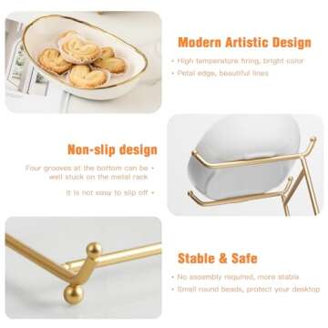 HOMKULA Fruit Bowl for Kitchen Counter - 3 Tier Ceramic Serving Bowls with Metal Stand, Tiered Fruit Basket for Fruit Vegetable Storage, Snack, Nuts, Cake, Dessert, Small & Cute (Gold-Rimmed)