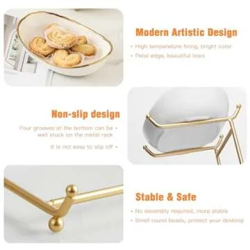 HOMKULA Fruit Bowl for Kitchen Counter - 3 Tier Ceramic Serving Bowls with Metal Stand, Tiered Fruit Basket for Fruit Vegetable Storage, Snack, Nuts, Cake, Dessert, Small & Cute (Gold-Rimmed)