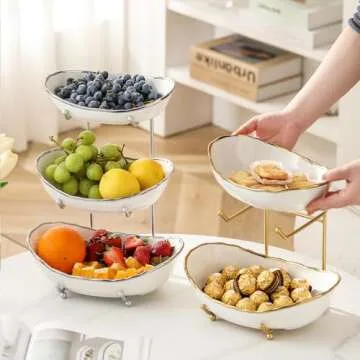 HOMKULA Fruit Bowl for Kitchen Counter - 3 Tier Ceramic Serving Bowls with Metal Stand, Tiered Fruit Basket for Fruit Vegetable Storage, Snack, Nuts, Cake, Dessert, Small & Cute (Gold-Rimmed)