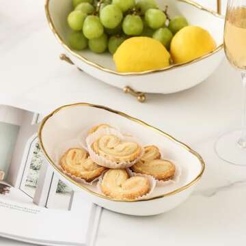 HOMKULA Fruit Bowl for Kitchen Counter - 3 Tier Ceramic Serving Bowls with Metal Stand, Tiered Fruit Basket for Fruit Vegetable Storage, Snack, Nuts, Cake, Dessert, Small & Cute (Gold-Rimmed)