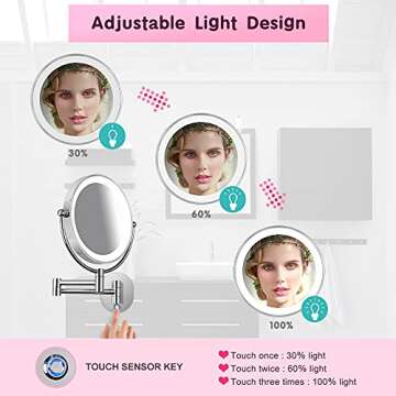 AmnoAmno LED Wall Mount Makeup Mirror with 10x Magnification,8.5'' Double Sided 360° Swivel Vanity Mirror with 13.7" Extension and Adjustable Light for Bathroom or Bedroom