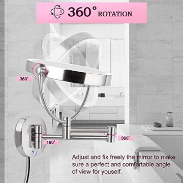 AmnoAmno LED Wall Mount Makeup Mirror with 10x Magnification,8.5'' Double Sided 360° Swivel Vanity Mirror with 13.7" Extension and Adjustable Light for Bathroom or Bedroom