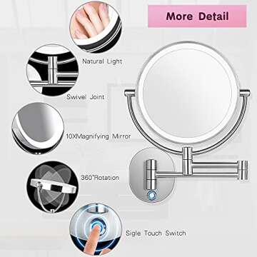 AmnoAmno LED Wall Mount Makeup Mirror with 10x Magnification,8.5'' Double Sided 360° Swivel Vanity Mirror with 13.7" Extension and Adjustable Light for Bathroom or Bedroom
