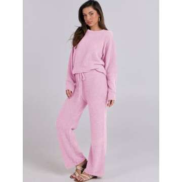 ANRABESS Women's Fuzzy Fleece Pajama Sets 2 Piece Outfits Long Sleeve Top Wide Leg Pants Lounge Matching Set 2024 Fall Winter Pink Medium