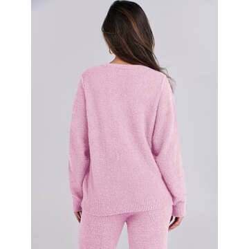 ANRABESS Women's Fuzzy Fleece Pajama Sets 2 Piece Outfits Long Sleeve Top Wide Leg Pants Lounge Matching Set 2024 Fall Winter Pink Medium