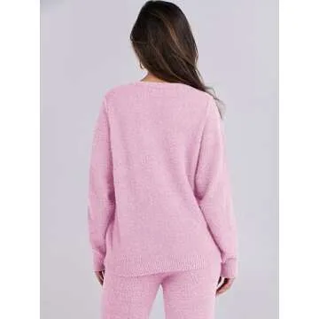 ANRABESS Women's Fuzzy Fleece Pajama Sets 2 Piece Outfits Long Sleeve Top Wide Leg Pants Lounge Matching Set 2024 Fall Winter Pink Medium