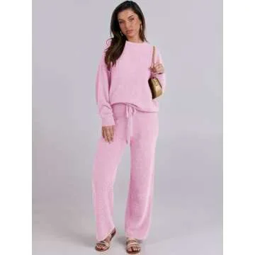 ANRABESS Women's Fuzzy Fleece Pajama Sets 2 Piece Outfits Long Sleeve Top Wide Leg Pants Lounge Matching Set 2024 Fall Winter Pink Medium