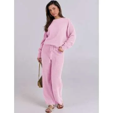 ANRABESS Women's Fuzzy Fleece Pajama Sets 2 Piece Outfits Long Sleeve Top Wide Leg Pants Lounge Matching Set 2024 Fall Winter Pink Medium