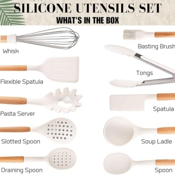 White Silicone Kitchen Utensils Set with Wooden Handle - 11 Pcs