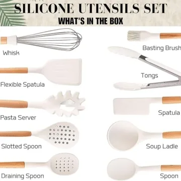White Silicone Kitchen Utensils Set with Wooden Handle - 11 Pcs