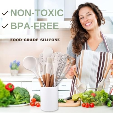 White Silicone Kitchen Utensils Set with Wooden Handle - 11 Pcs