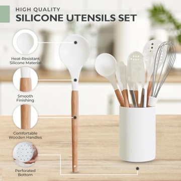 White Silicone Kitchen Utensils Set with Wooden Handle - 11 Pcs