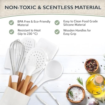 White Silicone Kitchen Utensils Set with Wooden Handle - 11 Pcs