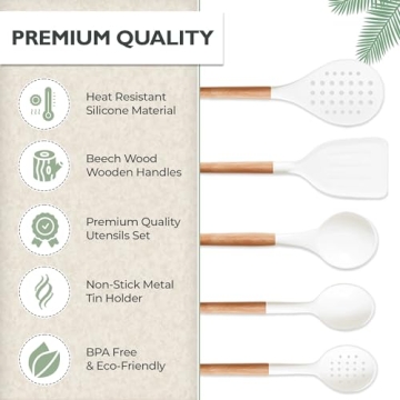 White Silicone Kitchen Utensils Set with Wooden Handle - 11 Pcs