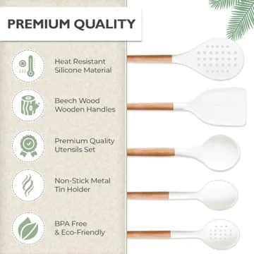 White Silicone Kitchen Utensils Set with Wooden Handle - 11 Pcs
