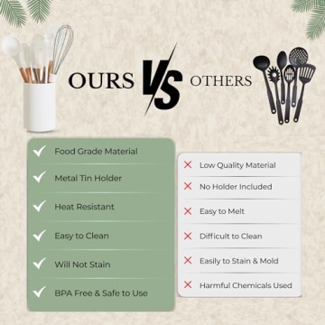 White Silicone Kitchen Utensils Set with Wooden Handle - 11 Pcs