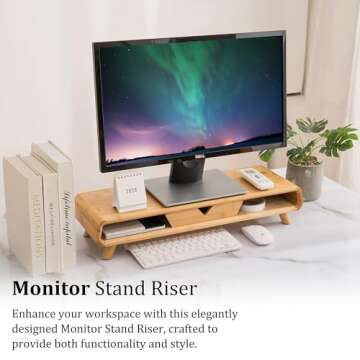 Homerays Bamboo Monitor Stand Riser, No Assembly Required Exquisite Monitor Stand with Drawer Ergonomic Height Wood Monitor Stand