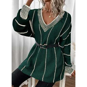 Dokotoo Oversized Sweaters for Women Cute V Neck Long Sleeve Knitted Striped Sweater Autumn Color Block Jumpers Tops Green X-Large
