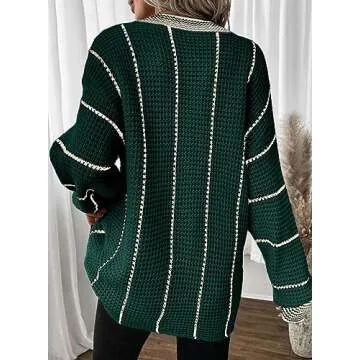 Dokotoo Oversized Sweaters for Women Cute V Neck Long Sleeve Knitted Striped Sweater Autumn Color Block Jumpers Tops Green X-Large