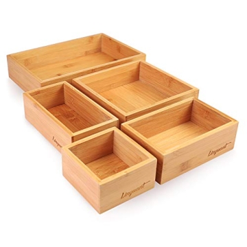 Linyuant 5-Piece Bamboo Drawer Organizer for Kitchen, Multi-use Luxury Storage Wooden Box Kit, Varie...
